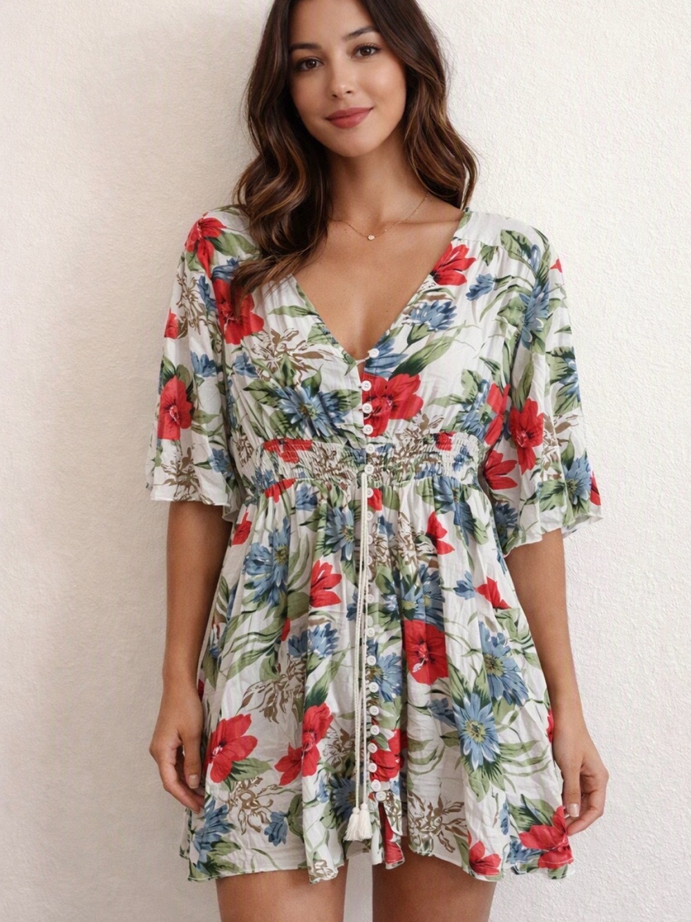 Floral V-Neck Mini Dress in White with Red & Blue Flowers